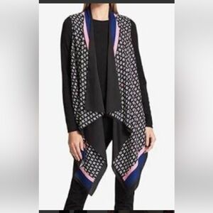 DKNY Black and Blue Geometric Open cardigan vest